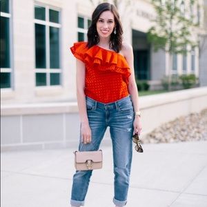< J.Crew > red eyelet one shoulder off top